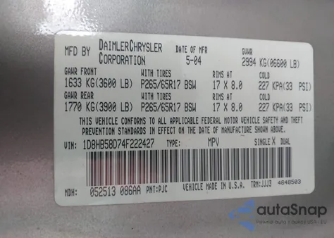 2004 Dodge Durango Limited from USA, damaged, VIN 1D8HB58D74F222427
